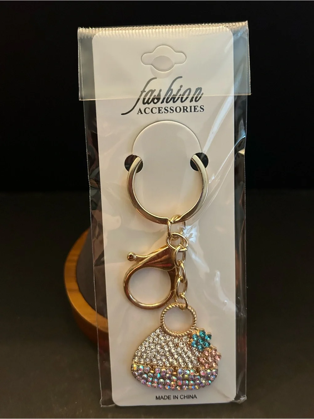 Iridescent Crystal Pavé Purse 👛 Bag Charm Keychain w/Pink & Blue Flower Accents